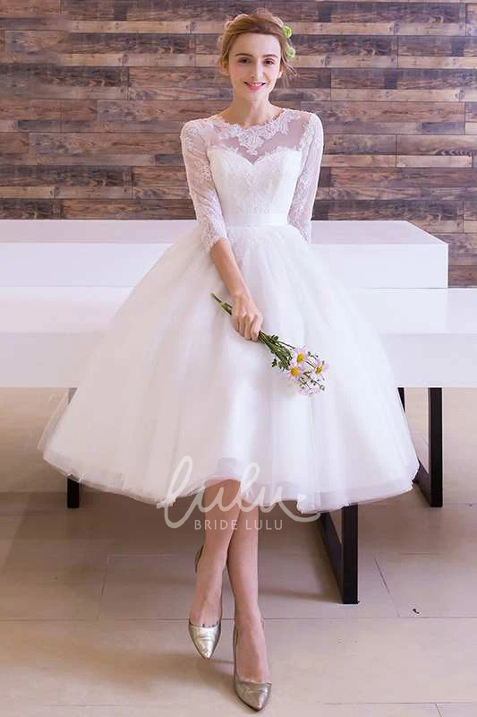 Tea Length Pleated Lace Dress with Jewel Neck and Long Sleeves