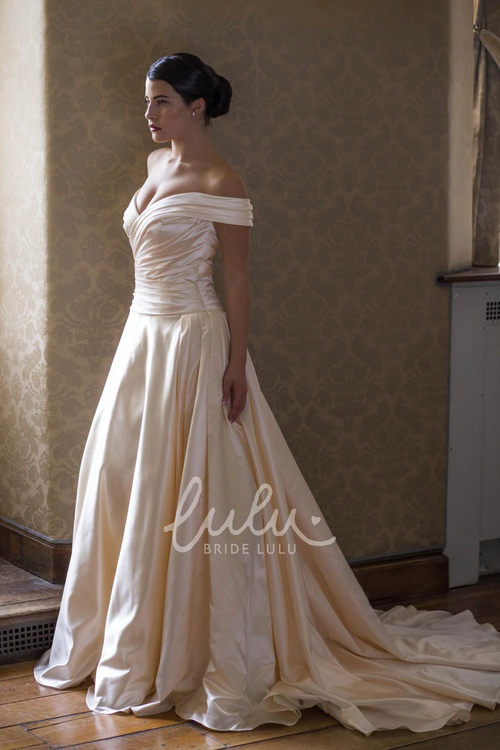 Long Satin Off-The-Shoulder Wedding Dress with Court Train and Criss Cross Classic Bridal Gown