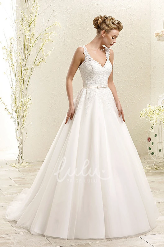 V-Neck Appliqued Wedding Dress A-Line Style