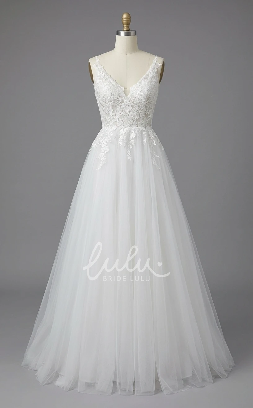 Country Sleeveless Lace A-Line Wedding Dress Spaghetti Deep V-Neck Elopement Bridal Gown