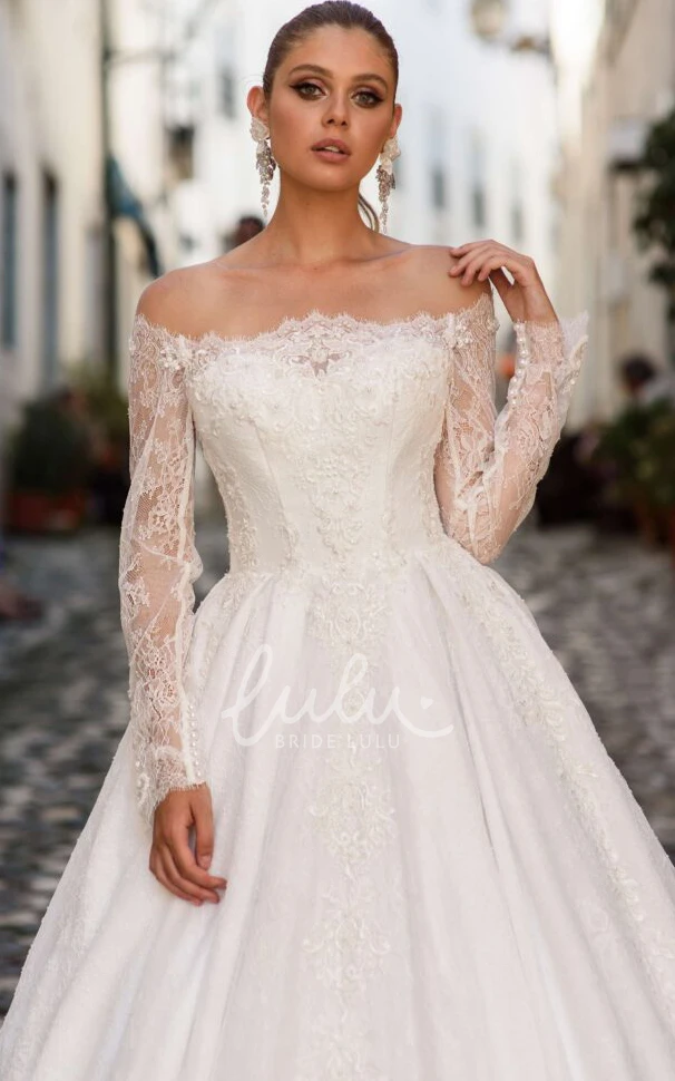 Modern Off-the-shoulder Lace Long Sleeve Wedding Dress With Appliques Ball Gown