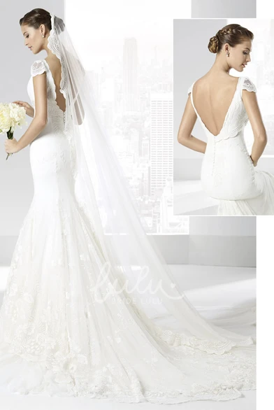 Mermaid Appliqued Lace Wedding Dress with Cap-Sleeve and Waist Jewellery