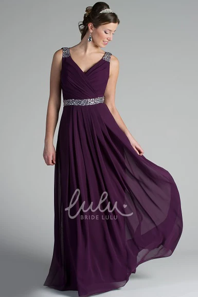 V-Neck Chiffon Bridesmaid Dress with Crystal Straps and Waist Long