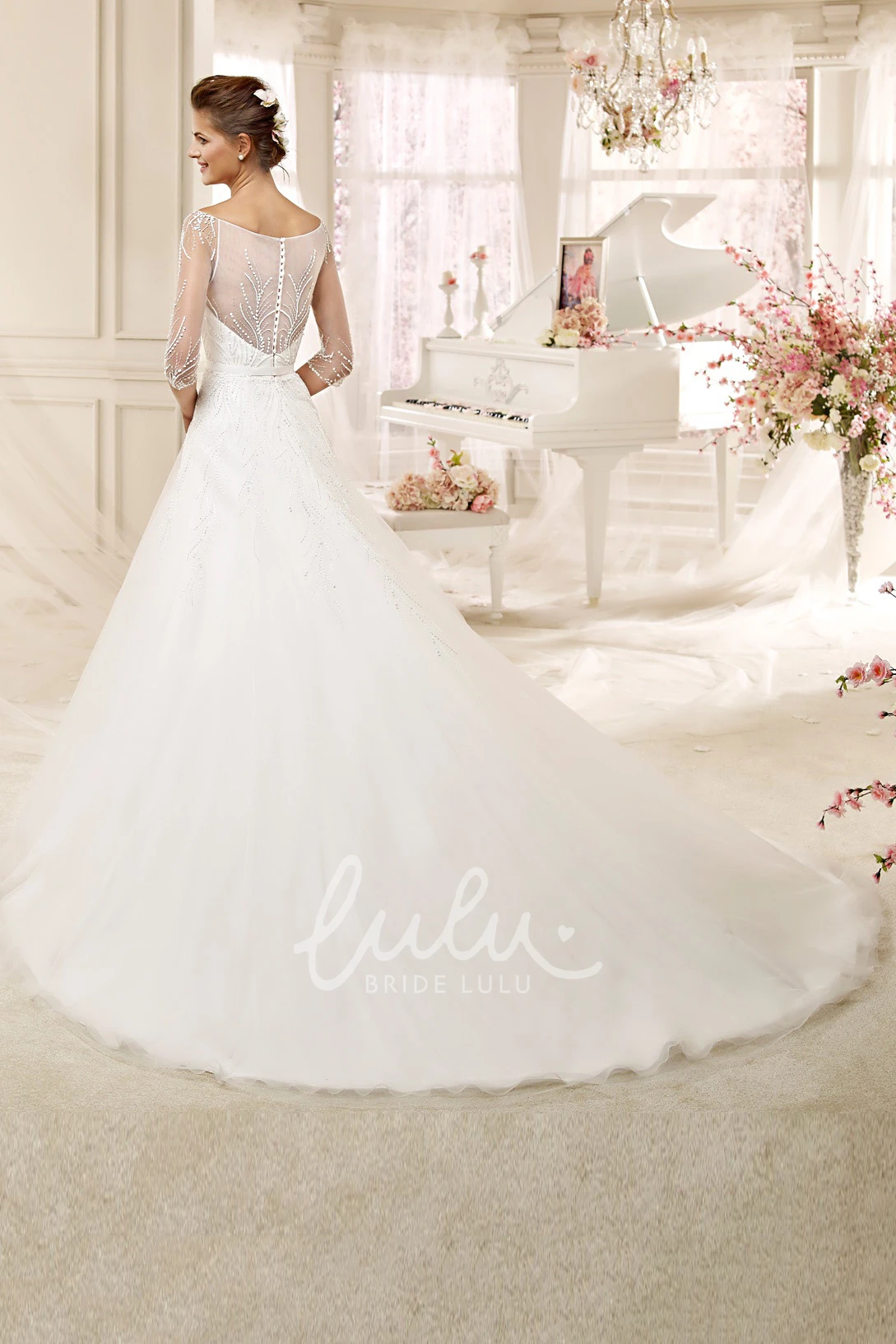 Illusive A-line Wedding Dress with Brush Train and Half Sleeves Modern Wedding Dress Women