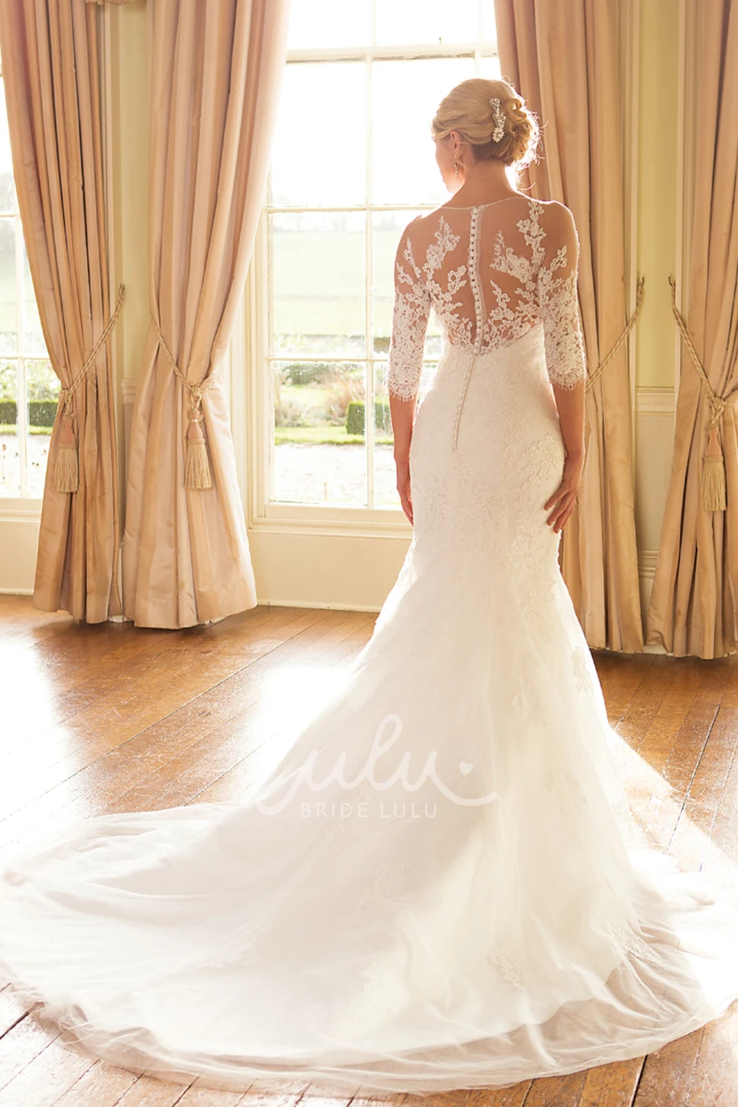 Tulle Mermaid Wedding Dress with Half Sleeves and Appliques Classy Bridal Gown