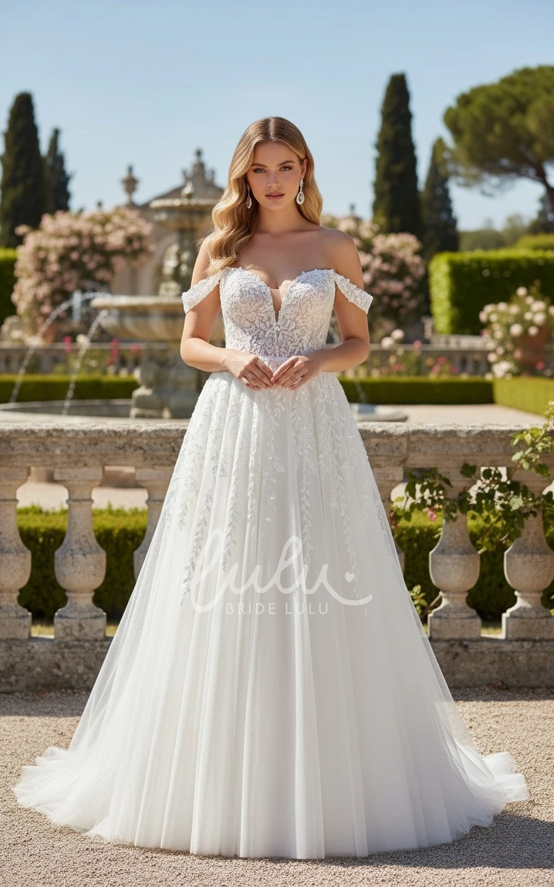 Modern A-Line Off Shoulder Floral Lace Wedding Dress Romantic Sweetheart Tulle Bridal Gown