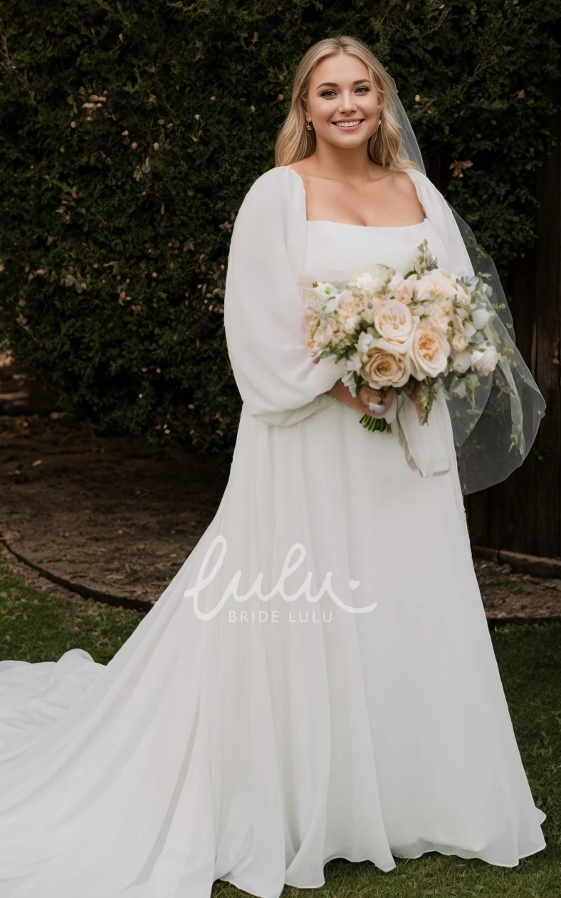 Modest Romantic A-Line Plus Size Fall Autumn Wedding Dress with Long Sleeve Simple Casual Charming Low Cut Square Neck Chiffon Train Bridal Gown
