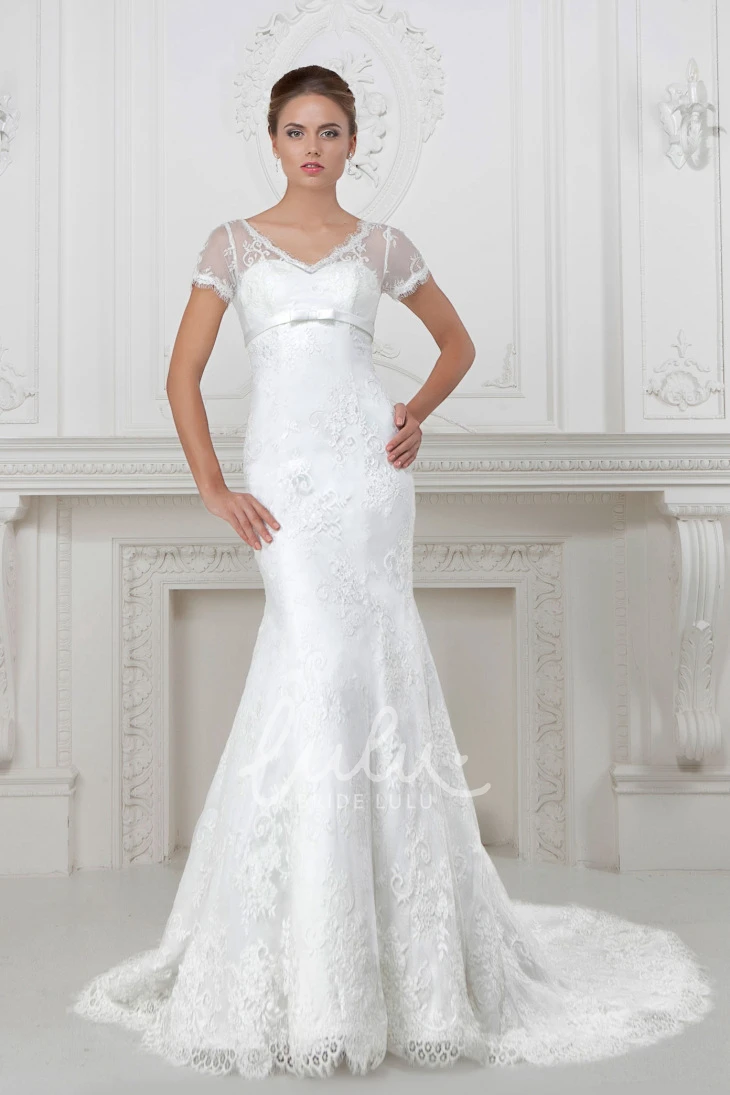 V-Neck Lace and Satin Trumpet Wedding Dress with Waist Jewelry