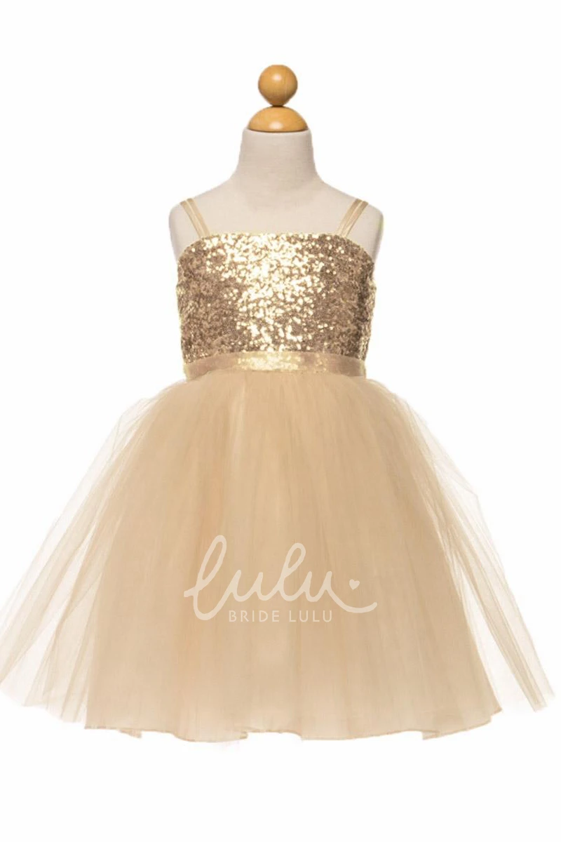 Knee-Length Flower Girl Dress Spaghetti Tulle&Sequins