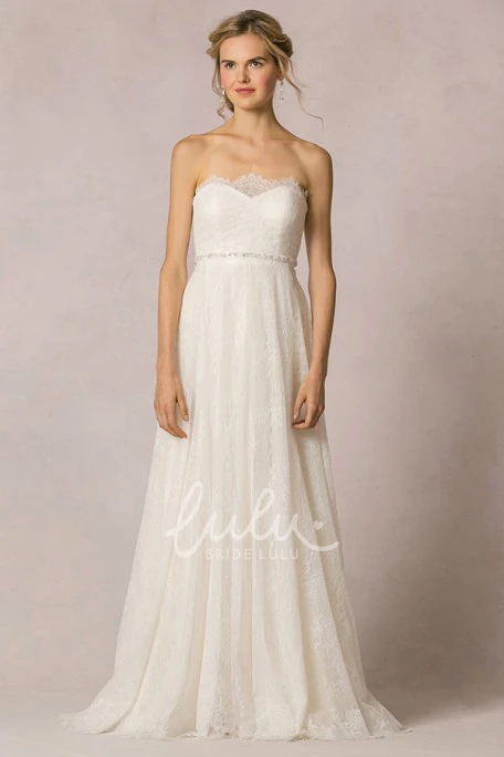 Floor-Length Strapless Lace A-Line Wedding Dress with Jeweled Details