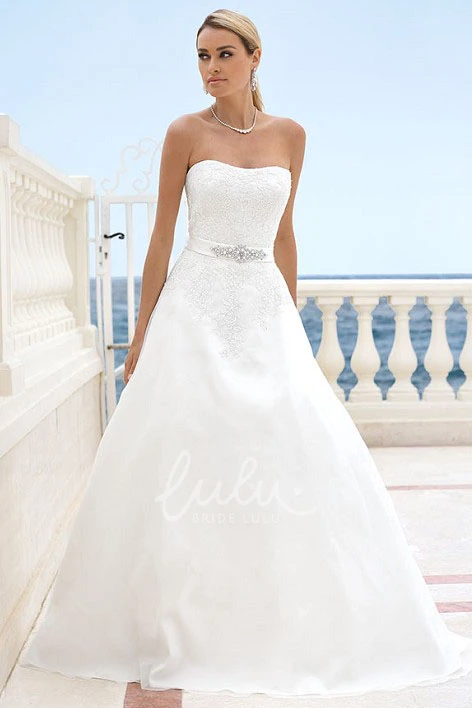 Strapless Satin Wedding Dress with Waist Jewelry and Appliques