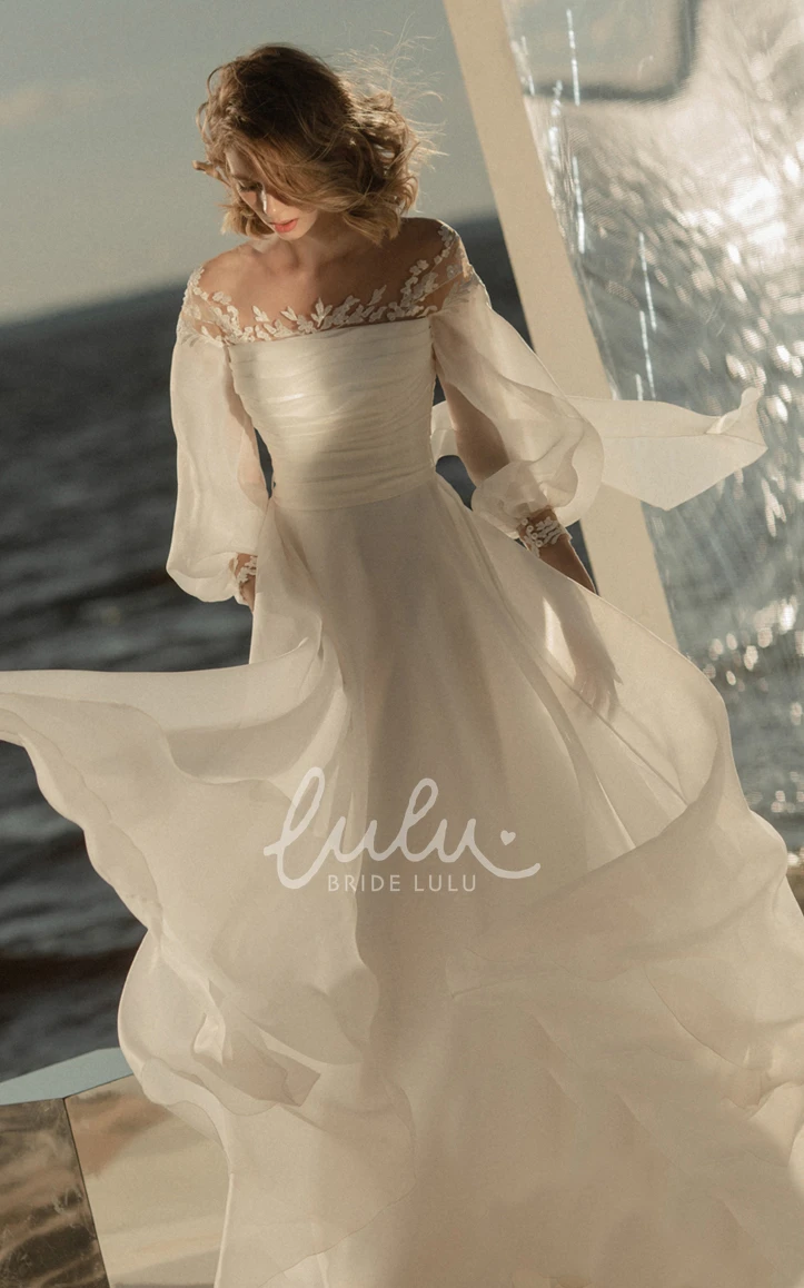 Adorable Low-V Back A-Line Organza Wedding Dress with Poet Sleeves Unique Wedding Dress
