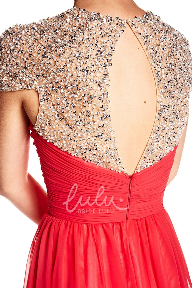 Maxi A-Line Chiffon Prom Dress with Beading Cap-Sleeve Sweetheart Keyhole Back