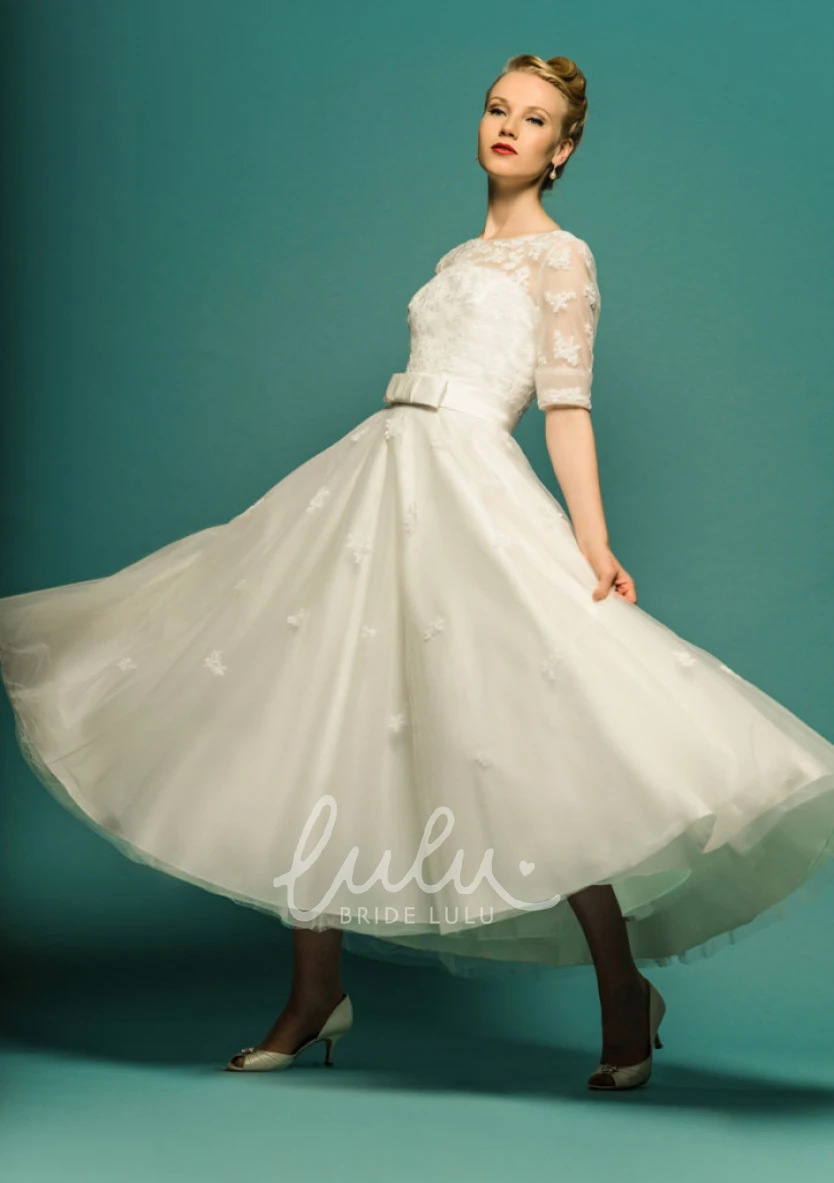 Appliqued Tulle A-Line Wedding Dress Tea-Length Half Sleeve Scoop Neck