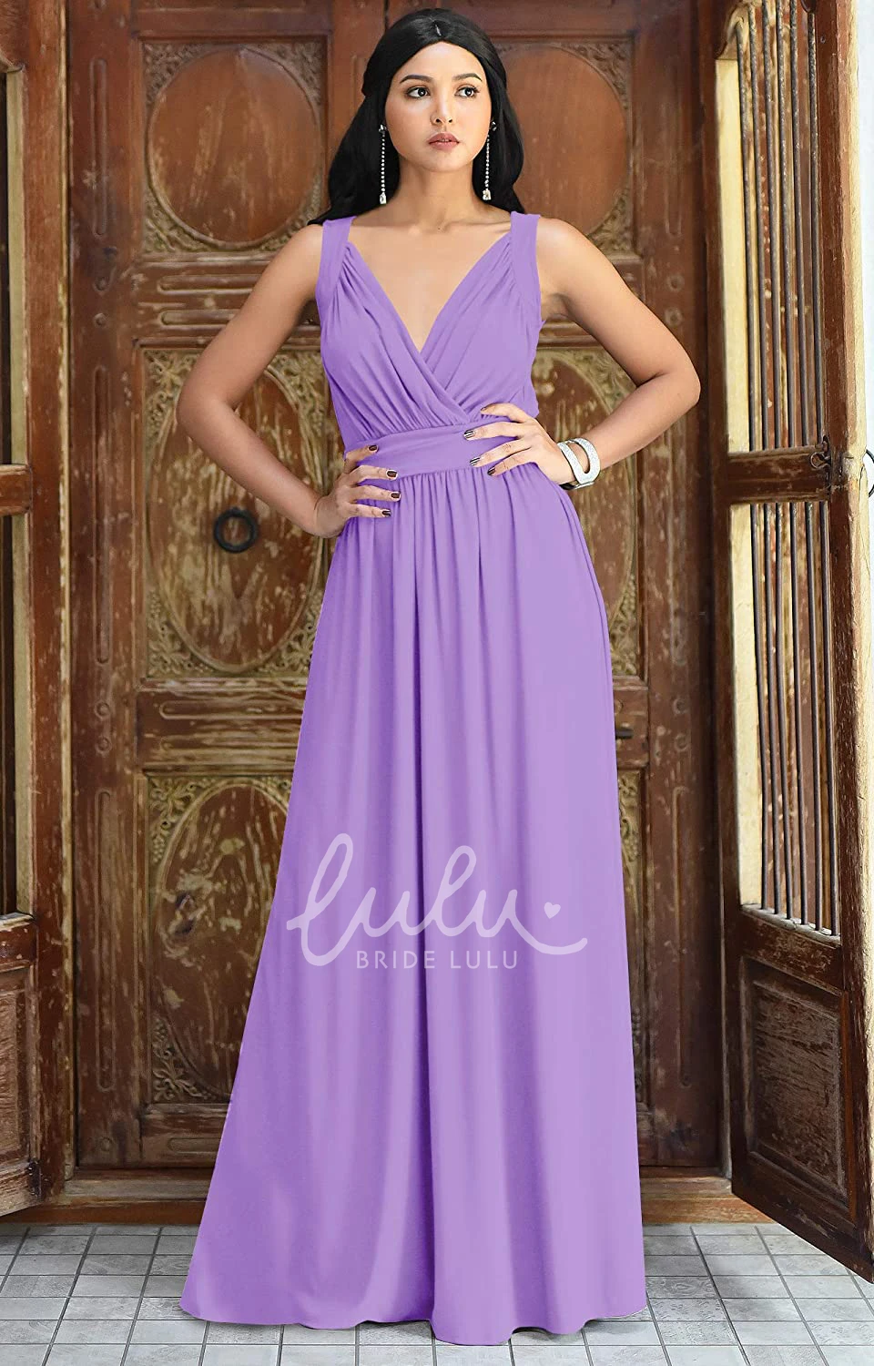 Chiffon V-neck A-line Bridesmaid Dress with Ruching Casual Floor-length