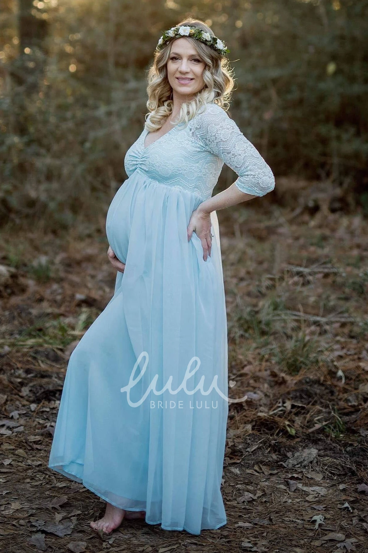 A-line V-neck Lace Maternity Wedding Dress Simple Country Bride Dress