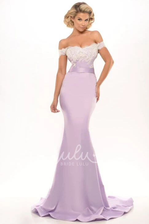 Mermaid Jersey Prom Dress with Appliqued Off-The-Shoulder Neckline and Brush Train