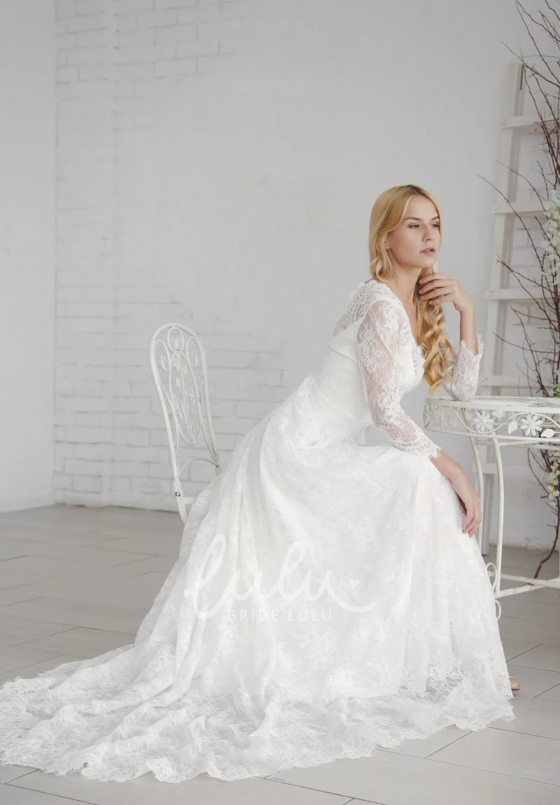 Long Sleeve Lace Wedding Dress with V-neck and Deep V-back Elegant A-line Long Sleeve Wedding Dress
