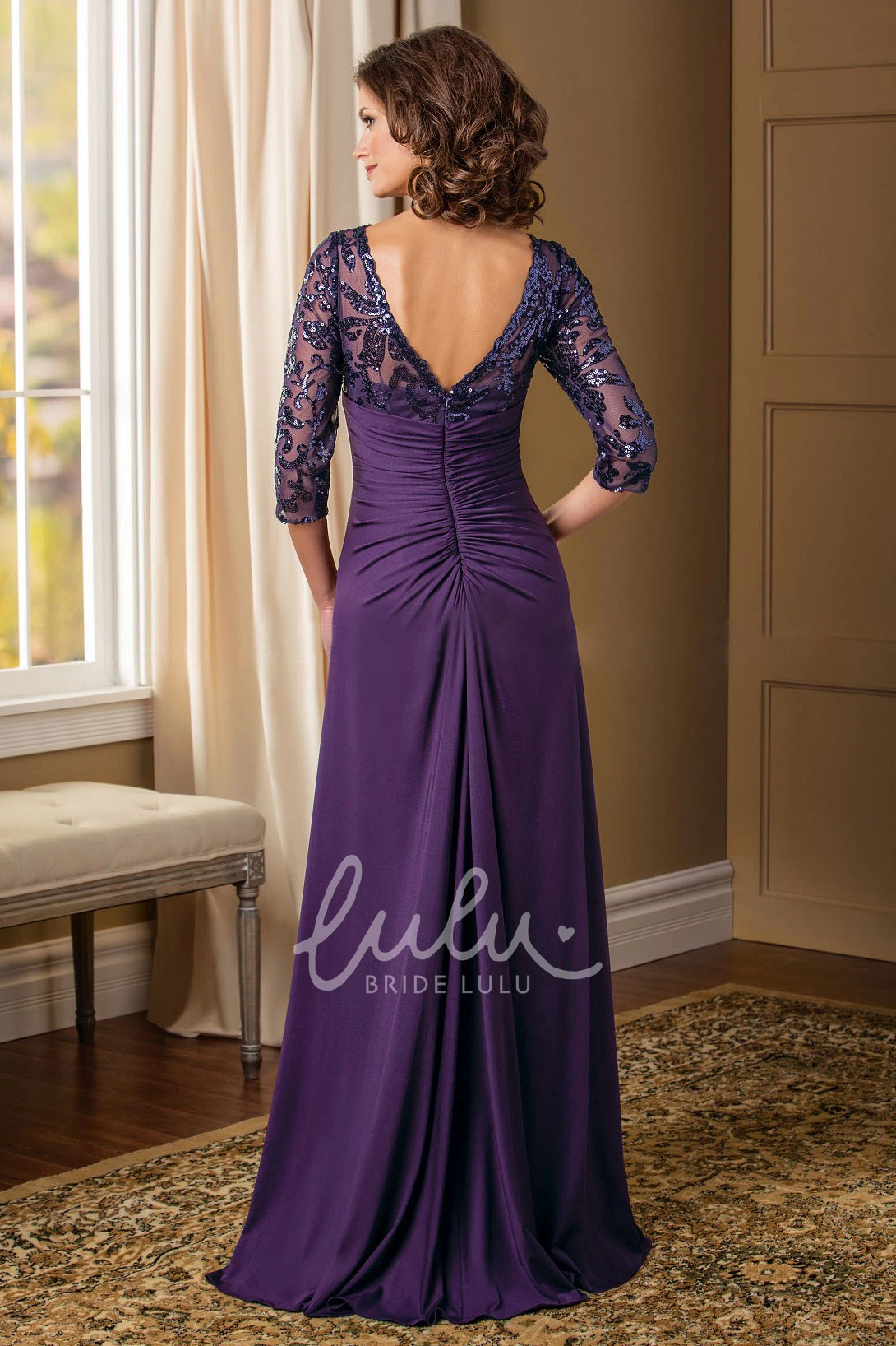 Sequined V-Back Mother of the Bride Dress with 3/4 Sleeves and V-Neck