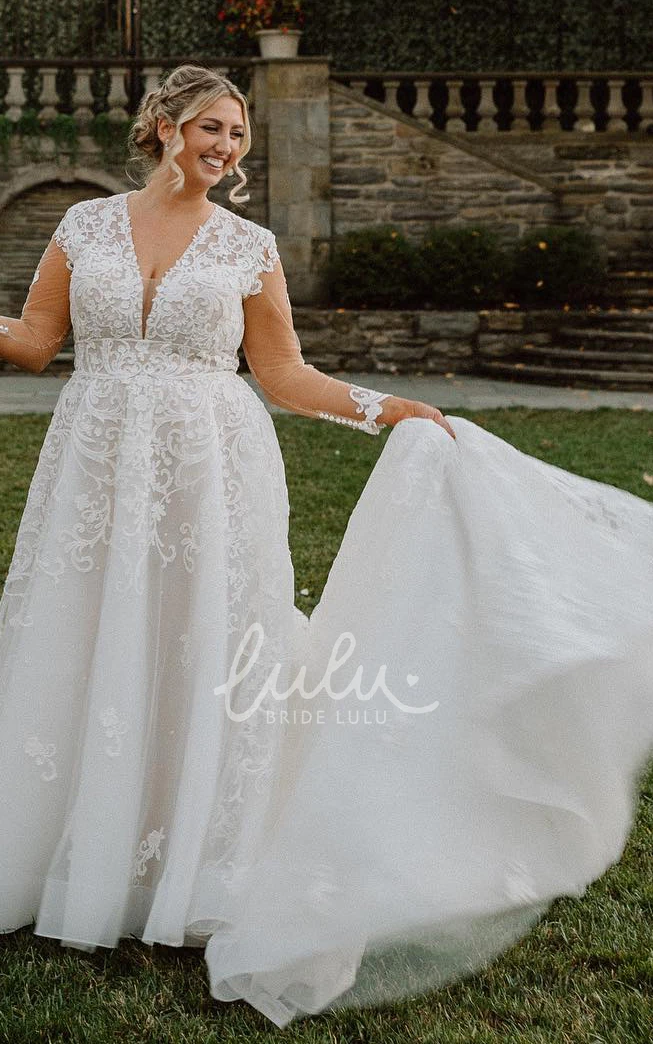 Sexy Plus Size Court Wedding Dress Illusion Long Sleeve Appliques Tulle Sweep Train Gown