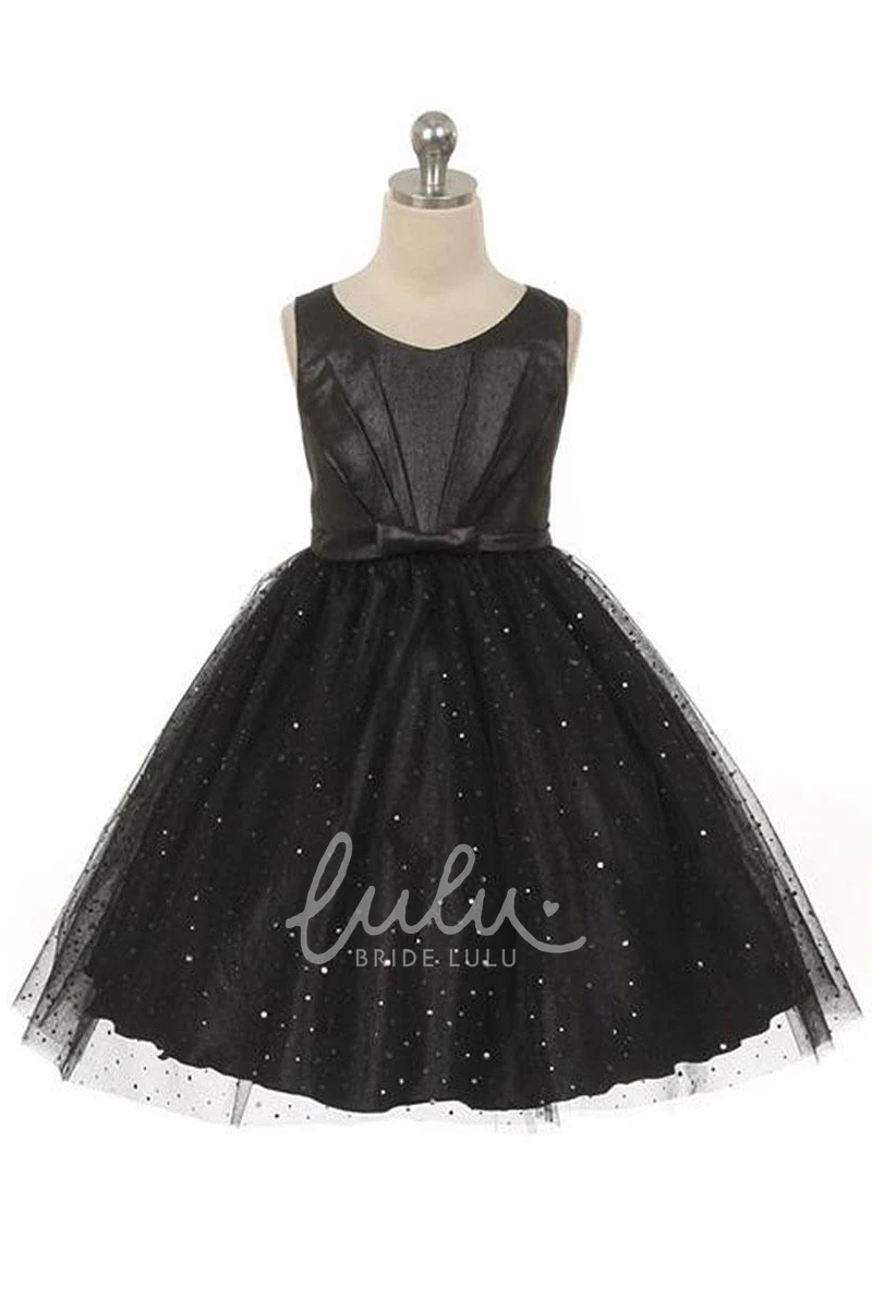V-Neck Tea-Length Tulle and Sequins Flower Girl Dress with Pleats and Tiers Unique Prom Dress