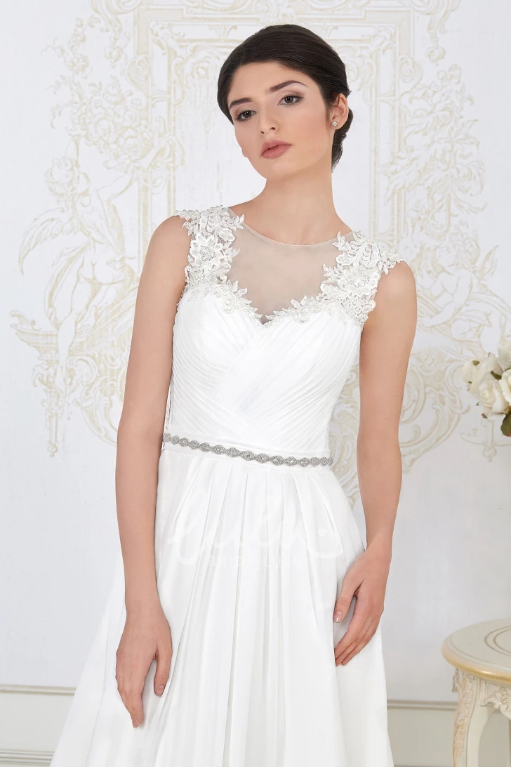 High-Neck Tulle&Satin Wedding Dress Sheath Floor-Length Ruched Appliques