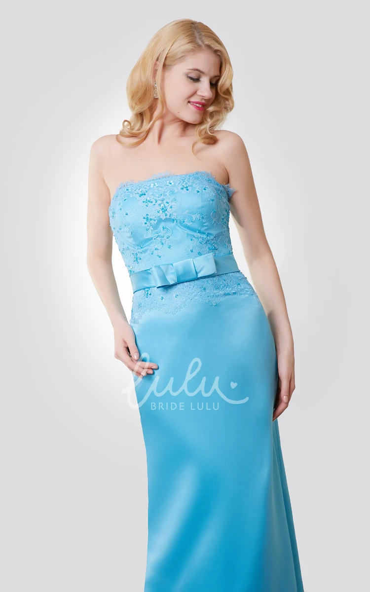 Strapless Satin Dress with Beaded Lace Bodice and Bow Modern Bridesmaid Dress