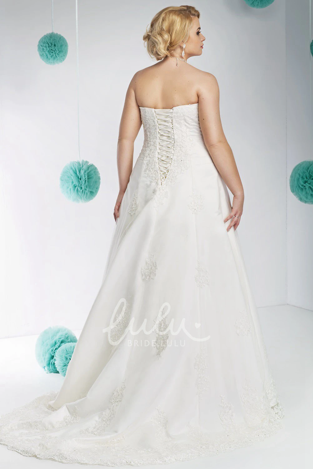 Strapless Lace Long Wedding Dress with Side Draping Plus Size
