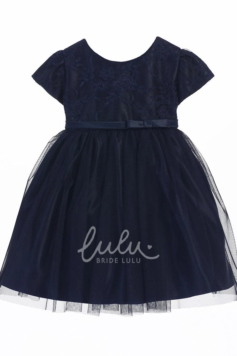 Lace Satin Flower Girl Dress with Bow Tea-Length Wedding Dress