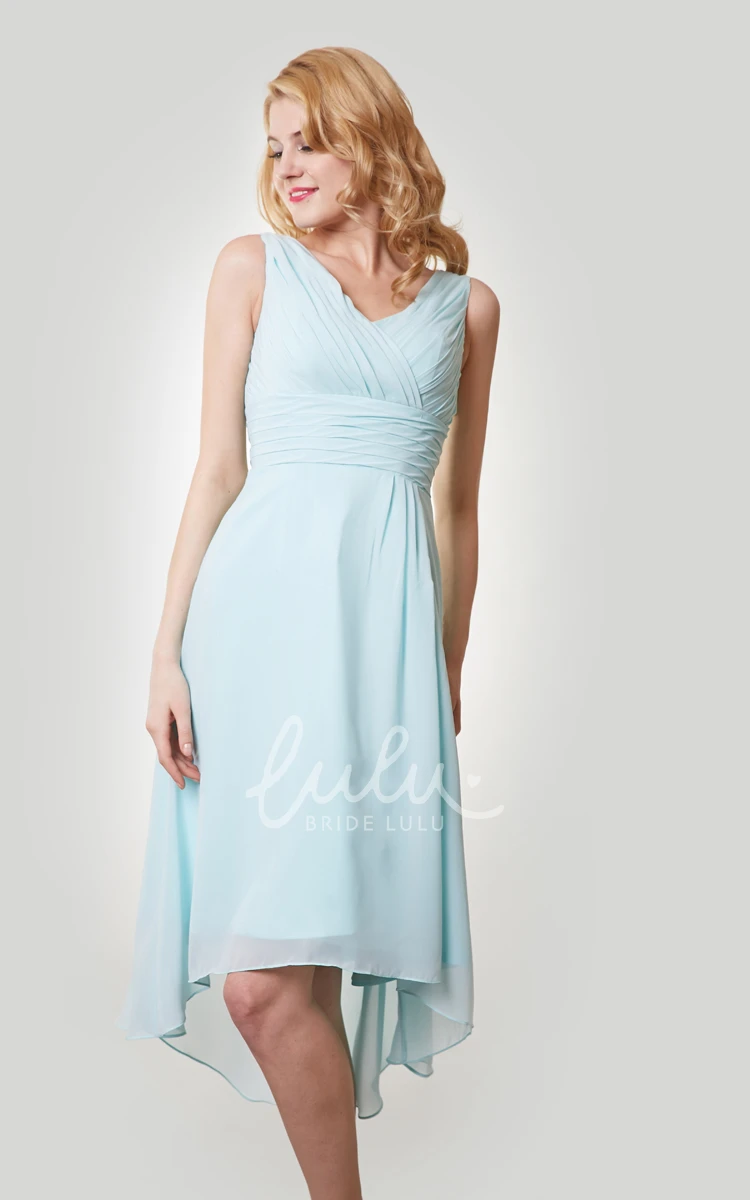 Sleeveless V-Neck Chiffon Bridemaid Dress with Ruching and High-Low Hem