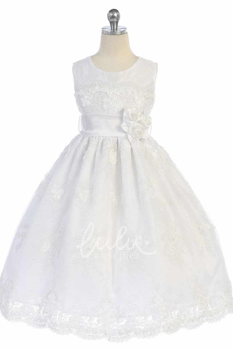 Floral Lace Flower Girl Dress with Sash Knee-Length