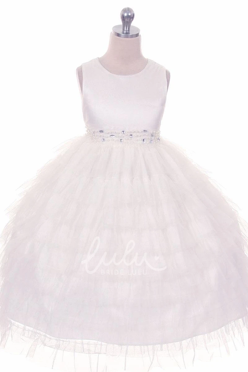 Ruffled Tea-Length Beaded Tulle & Organza Flower Girl Dress Modern Warm Wedding Dress