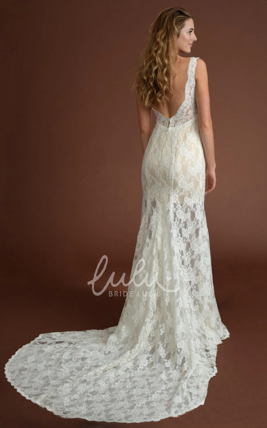 Ivory Lace Low Back Beach Wedding Dress Trumpet Style