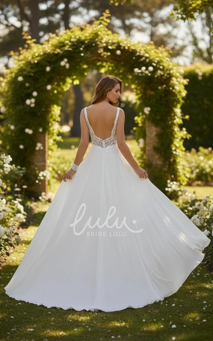 Bohemian A-Line Spaghetti Wedding Dress Sexy Lace Chiffon Flowy Bridal Gown for Outdoor Weddings