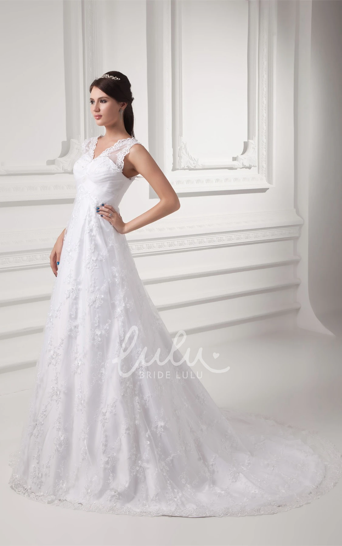 Lace A-line Wedding Gown with V-neck and Low-v Back Modern Bridal Dress