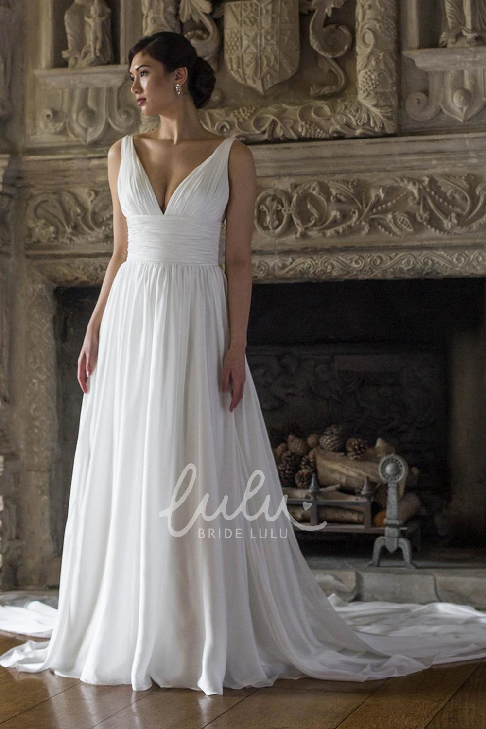 V-Neck Ruched Chiffon Wedding Dress with Pleats A-Line Sleeveless Wedding Dress