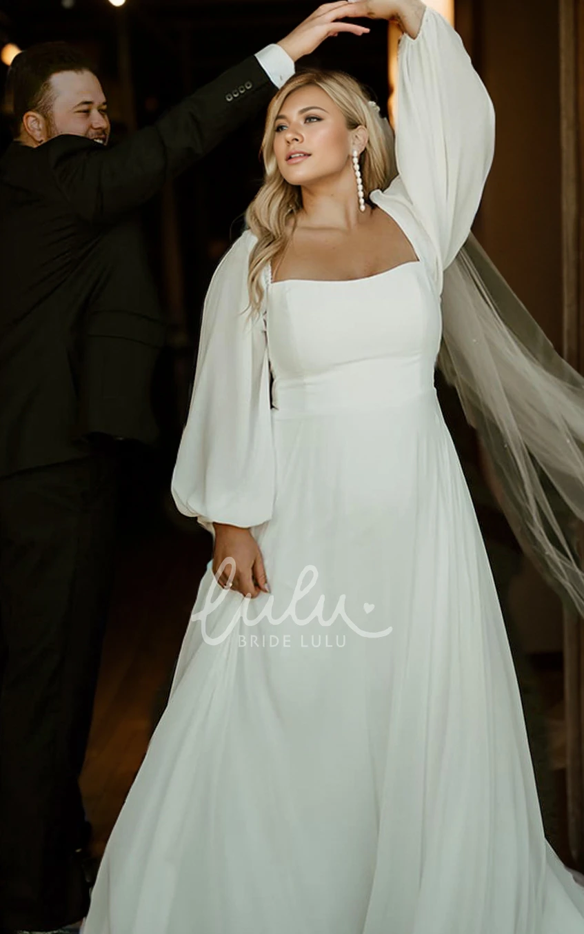 Modest Romantic A-Line Plus Size Fall Autumn Wedding Dress with Long Sleeve Simple Casual Charming Low Cut Square Neck Chiffon Train Bridal Gown