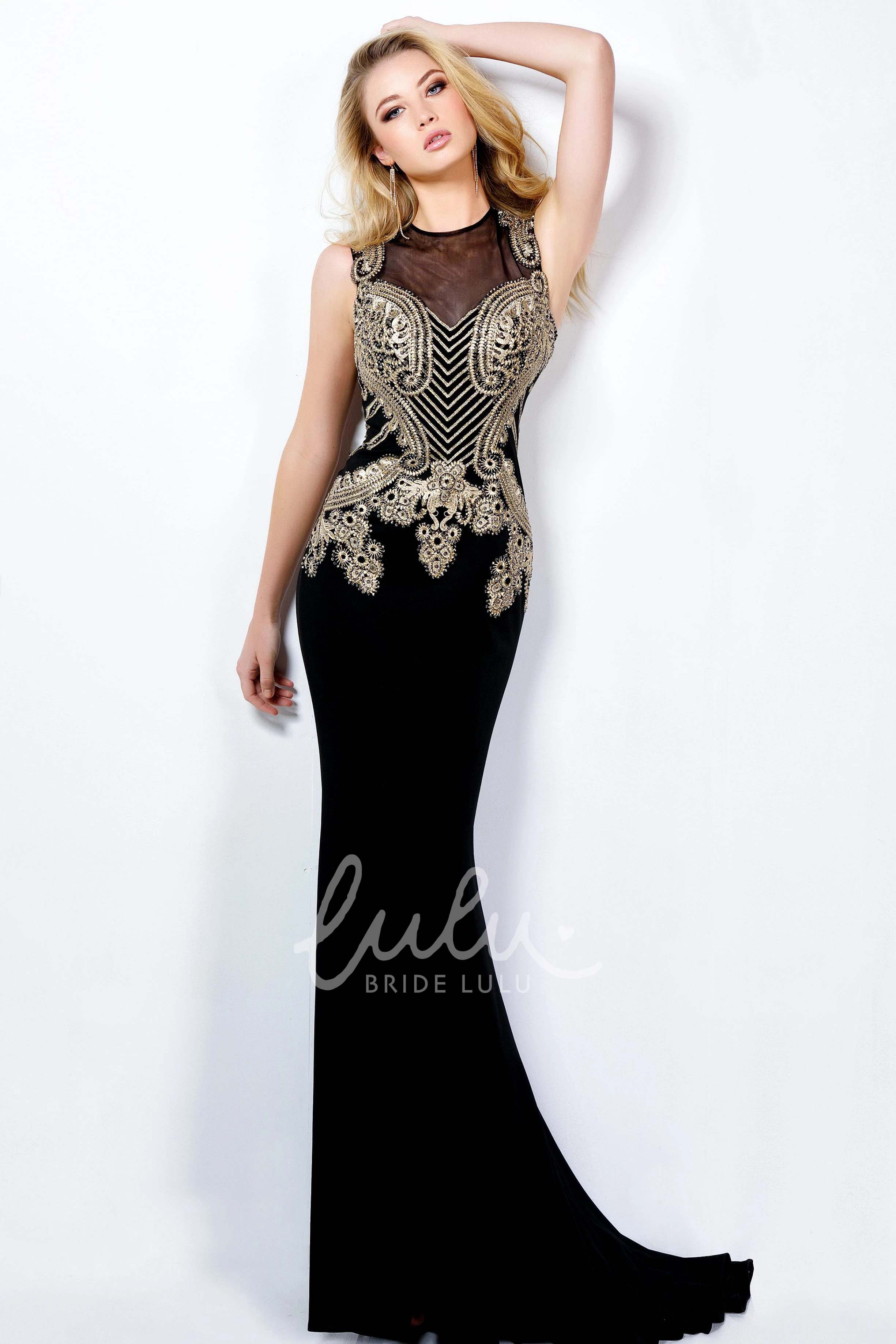Jersey Sleeveless Jewel-Neck Sheath Prom Dress with Beading