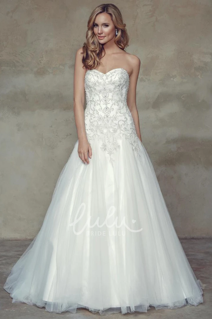 Long Tulle Wedding Dress with Corset Back and Crystal Detailing Sweetheart A-Line Dress