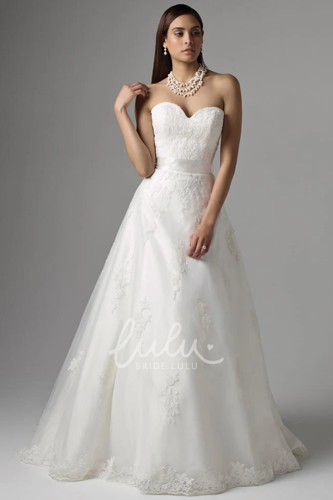 Long Lace Wedding Dress with Appliques and Deep-V Back A-Line Bridal Gown