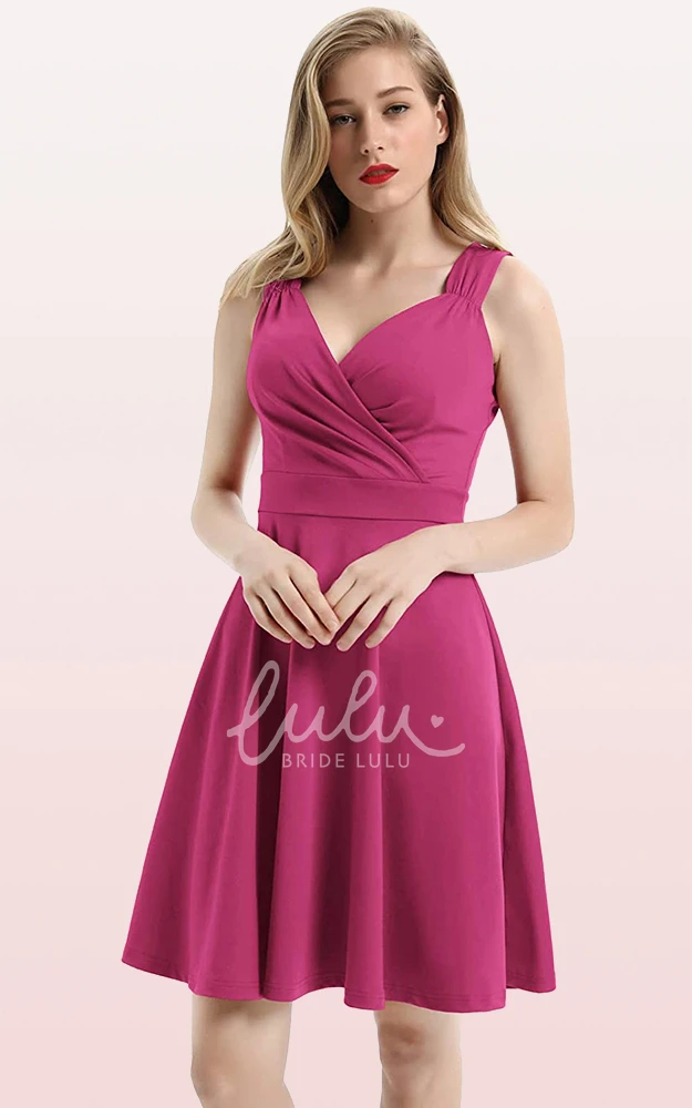 Sleeveless A Line Jersey V-neck Cocktail Dress with Ruffles Casual Prom Dress