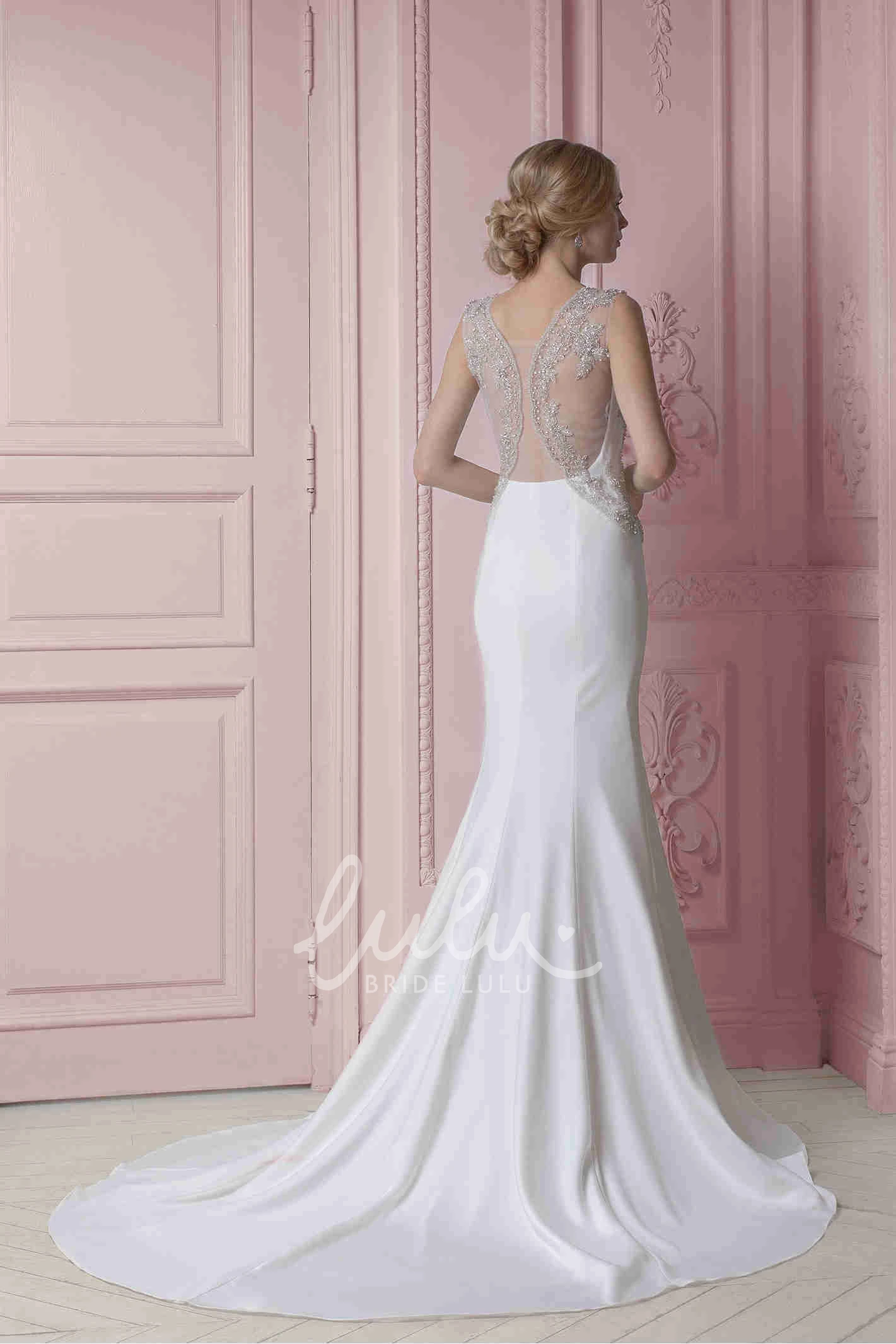 Sleeveless Sheath Beaded V-Neck Stretched Satin Wedding Dress Modern Bridal Gown
