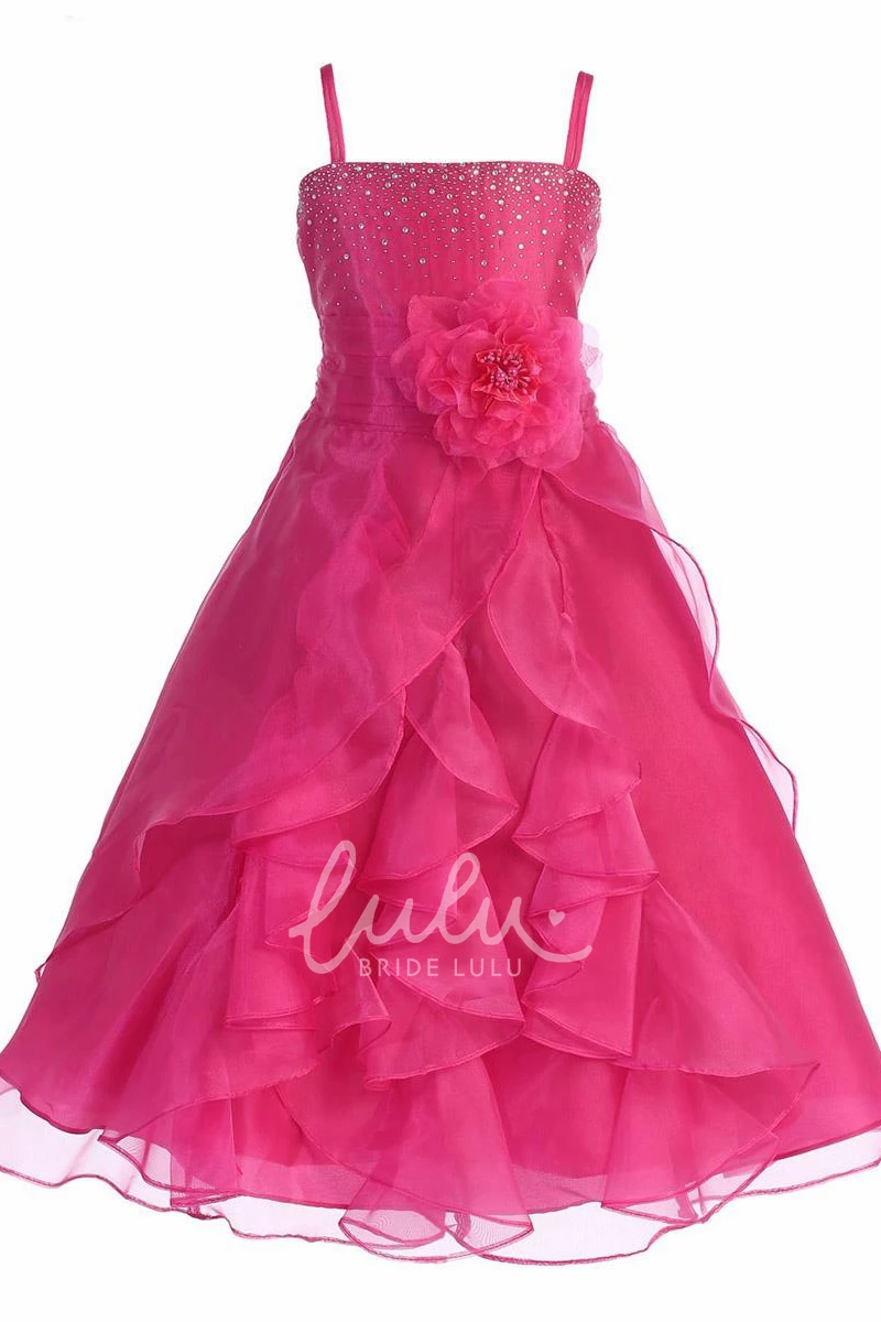 Ribbon Beaded Split Ankle-Length Floral Organza Flower Girl Dress Prom Dress