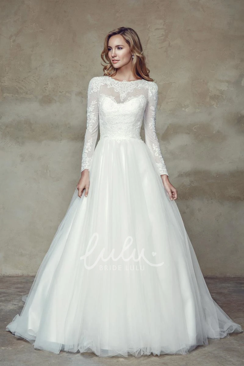 Ball-Gown Wedding Dress with Court Train and Illusion Back Sleeveless Appliqued Lace & Satin Dress
