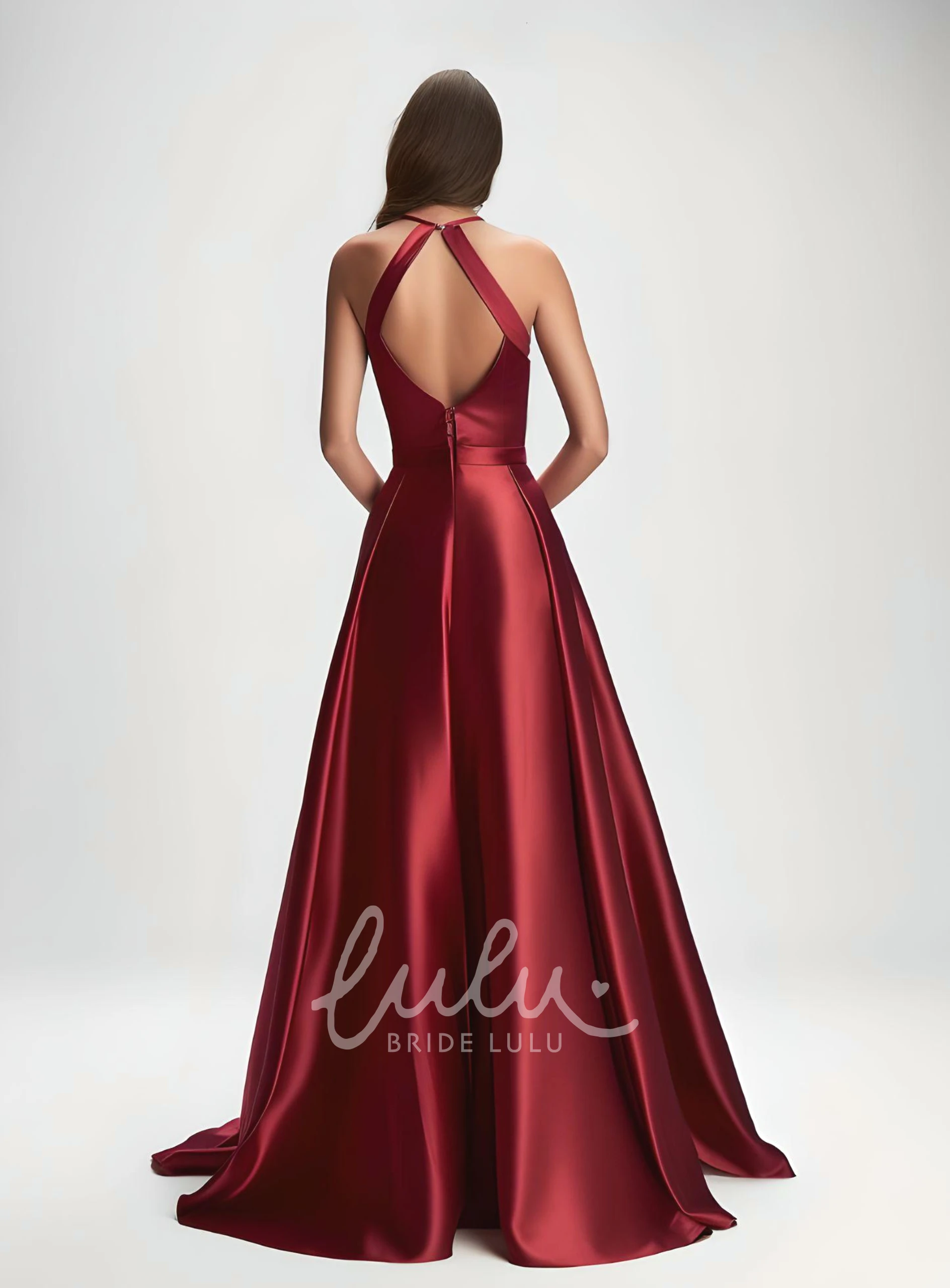 Satin A-Line Halter Sleeveless Prom Dress with Front Split and Train Modern & Ethereal Prom Dress
