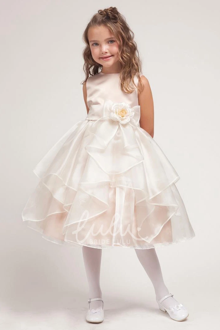 Split-Front Organza and Satin Tea-Length Prom Dress with Bow