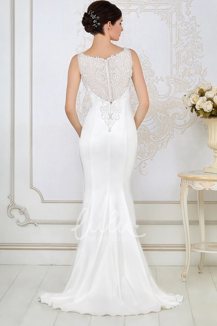 Beaded Satin Sheath Wedding Dress Sleeveless Scoop-Neck Maxi