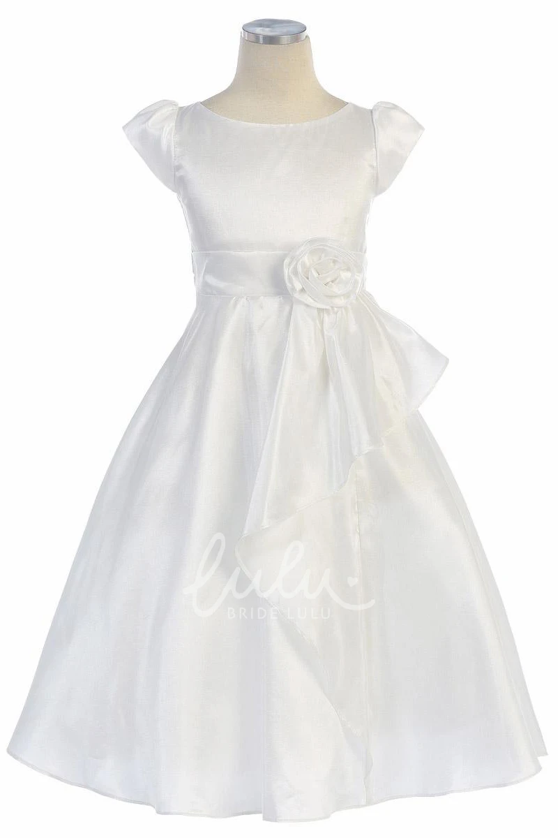 Tiered Taffeta Flower Girl Dress with Ribbon Tea-Length
