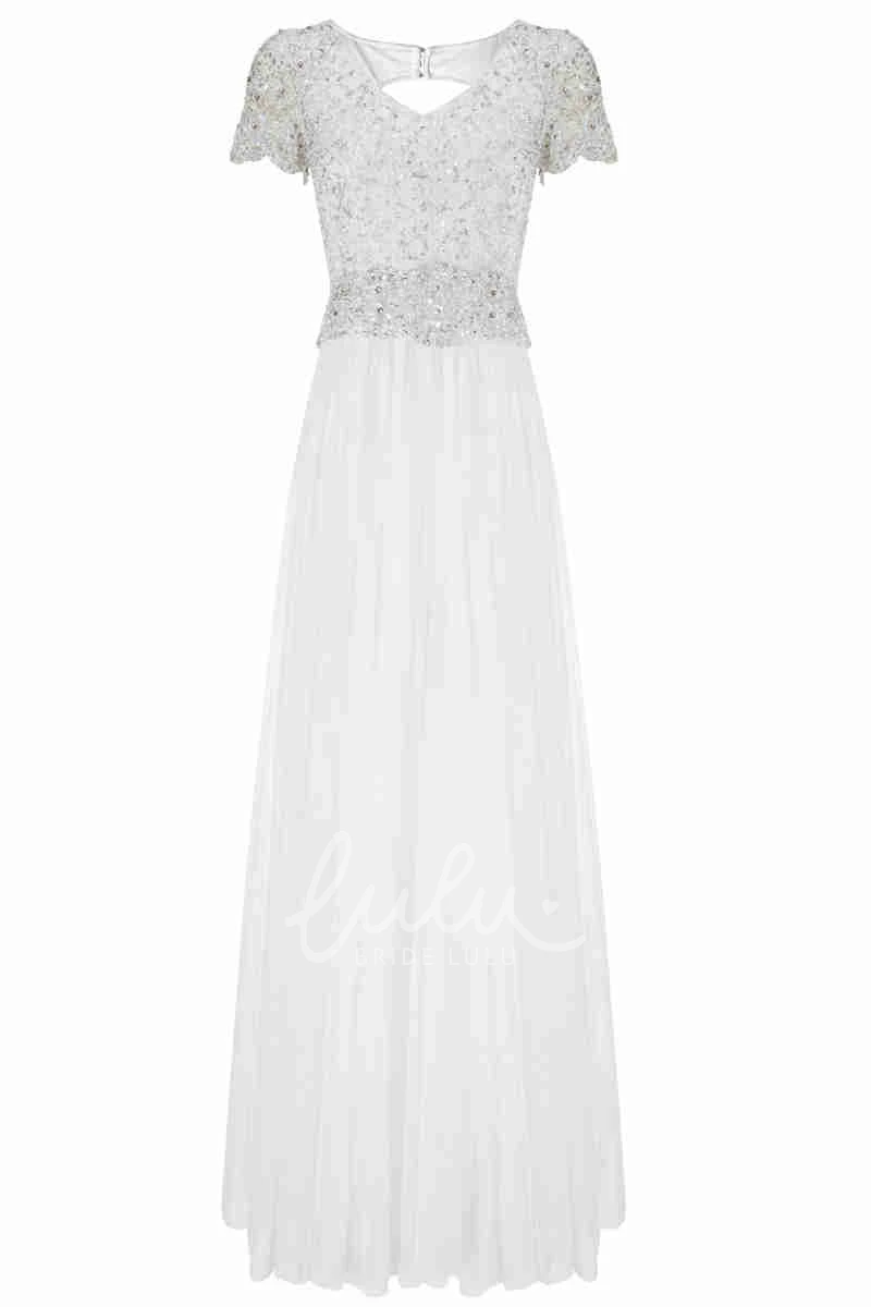 Short-Sleeve Sequin V-Neck Sheath Wedding Dress Unique Bridal Gown