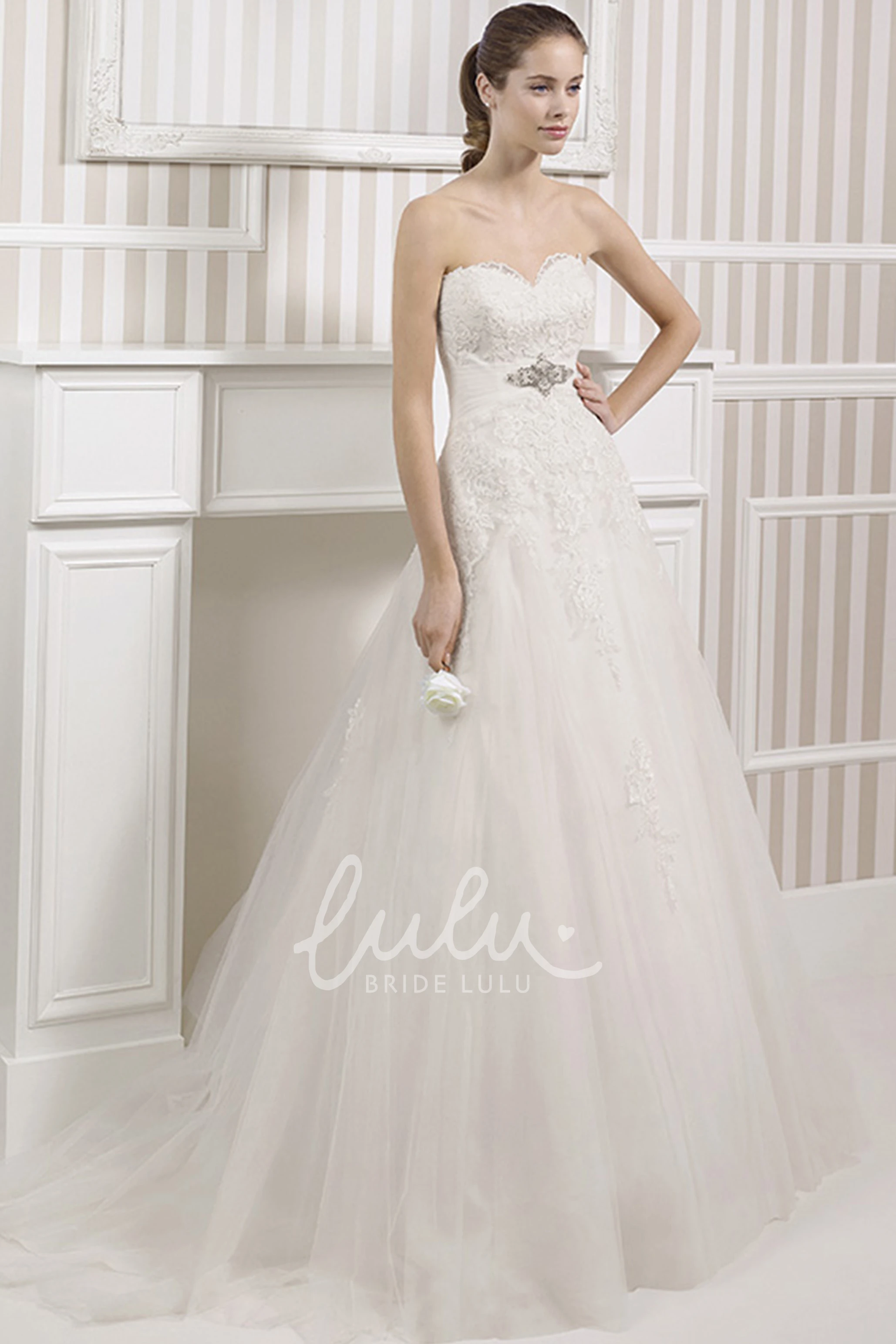 Long Jeweled Tulle Wedding Dress with Lace and Corset Back in A-Line Style